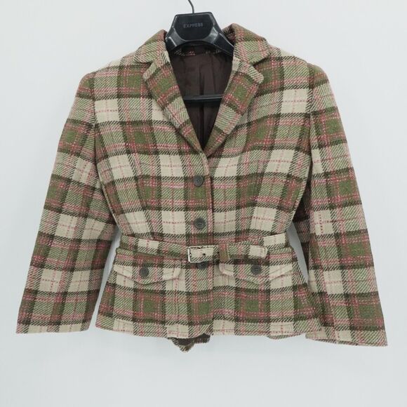 Express Blazer Sz 8 Beige Plaid Y2K Preppy Academia Equestrian English Country - Picture 1 of 13